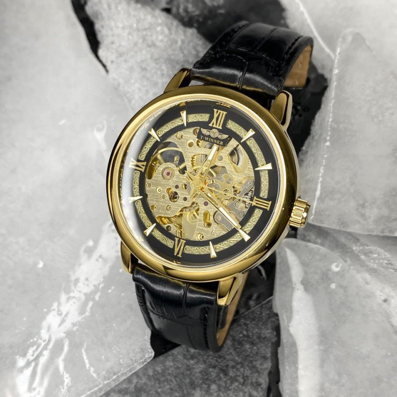 Forsining 8173 All Black-Gold Leather