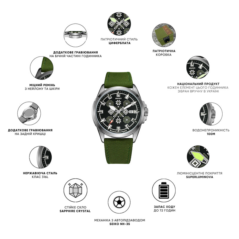 Awarder Embroidery Silver-Green Khaki Automatic 10ATM