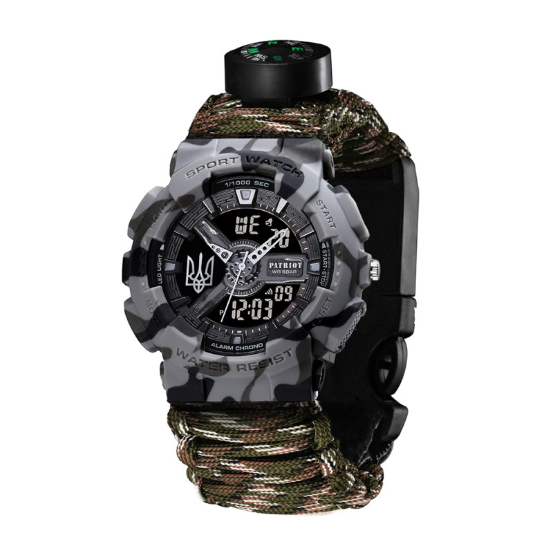 Patriot 005 Тризуб срібло Сірий камуфляж Паракордовий ремінець Camo Green + Коробк